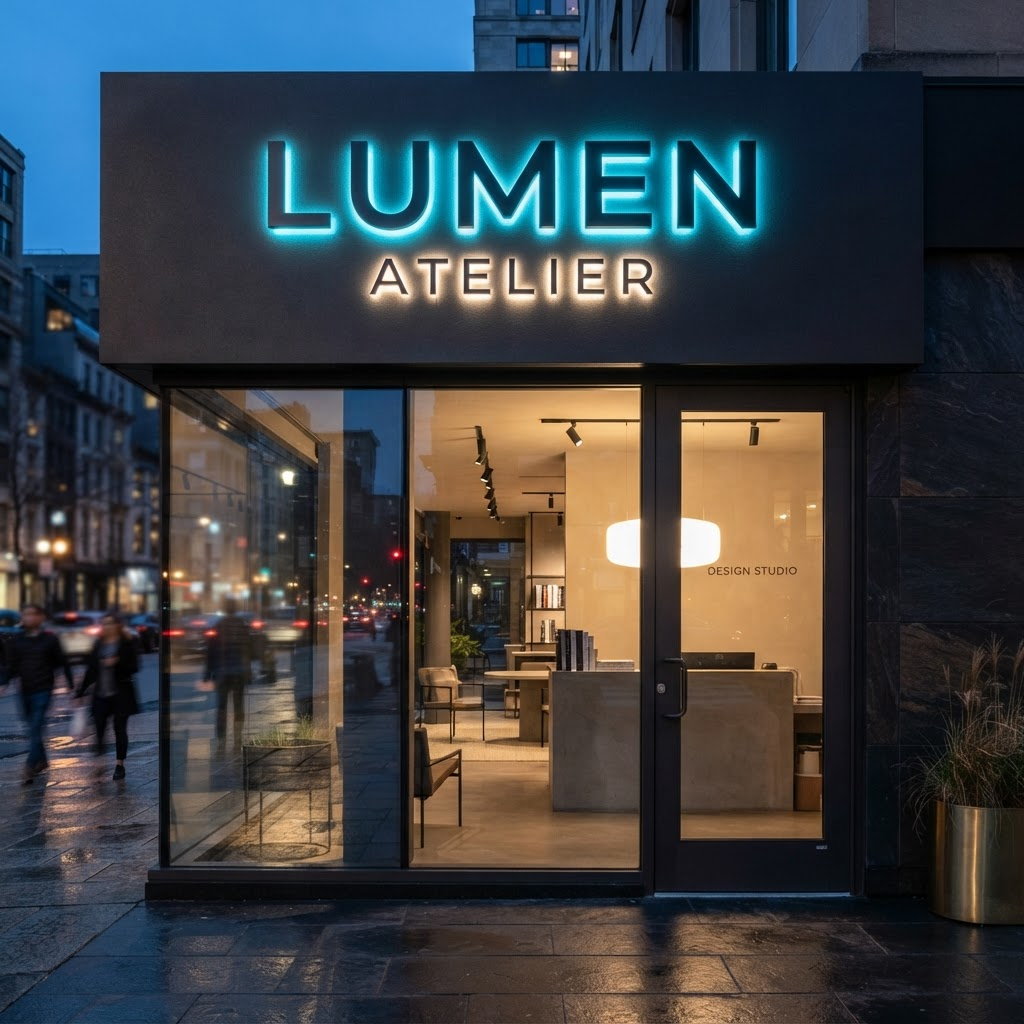 Rótulo luminoso moderno de letras corpóreas en una fachada